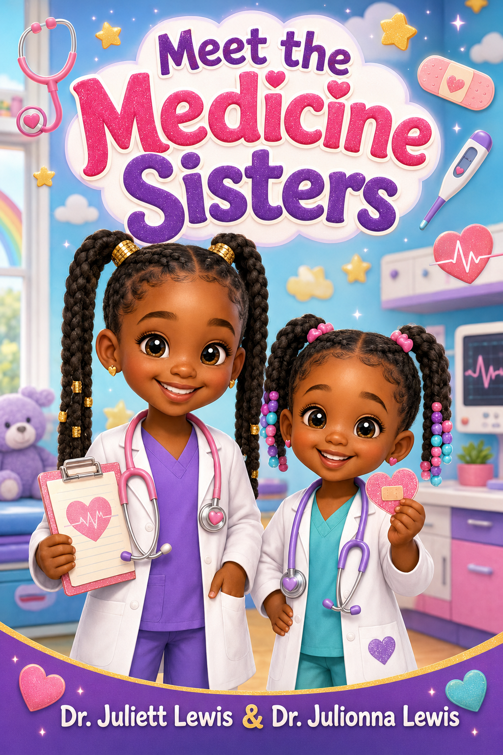 Meet the Medicine Sisters storybook cover featuring two brave young sisters who dream of becoming doctors